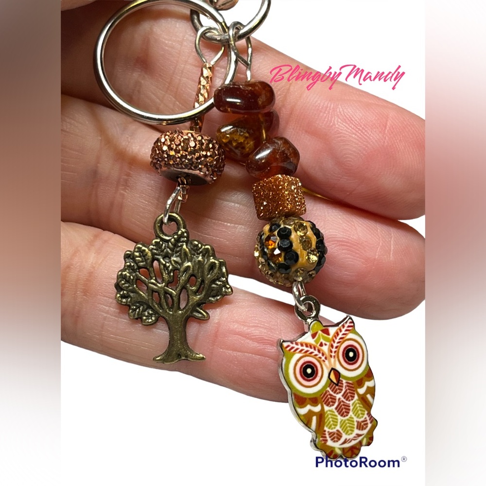 Owl keychain in amber and browns -add to your purse or laptop case